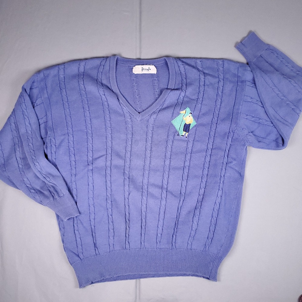 Pringle of Scotland Sweater Mens L Blue Cotton Cable Knit V-Neck Golfer Vintage